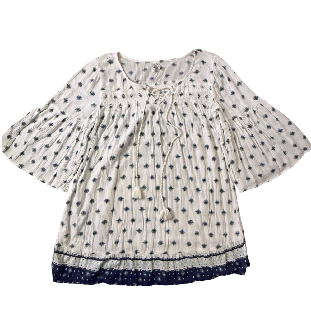 Boho Peasant Blouse White Blue Flared Bell Sleeve Lace Up Tassel Top M Gauze